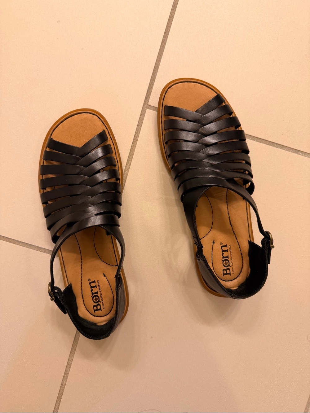 Born Black Genuine Leather Woven Ankle-Strap Sandals